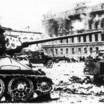 Soviet T-34 tank in the ruins of Berlin.